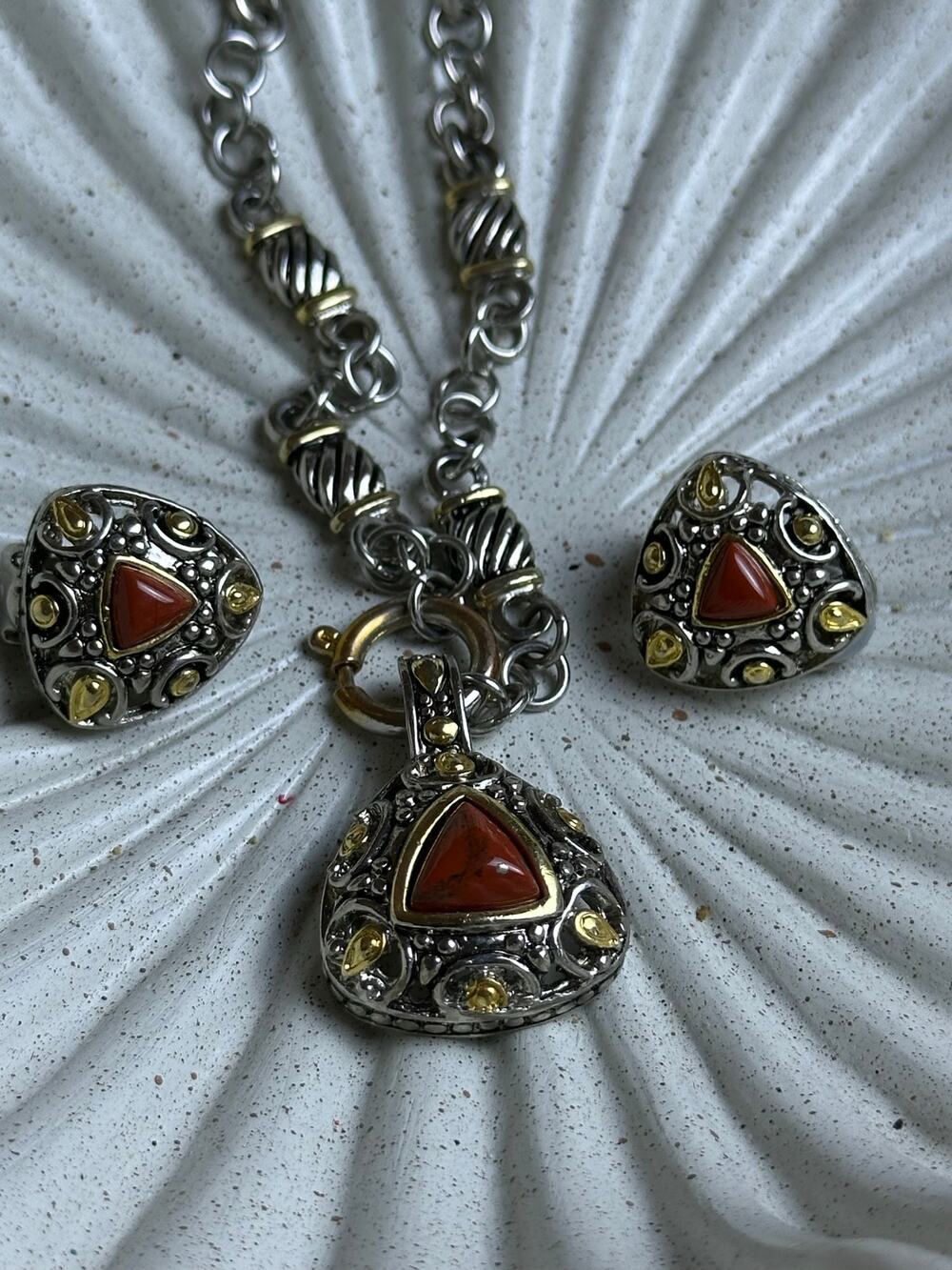 Southwestern Style Necklace Earrings Set Red Jasper Coral Tone Mixed Metal Boho